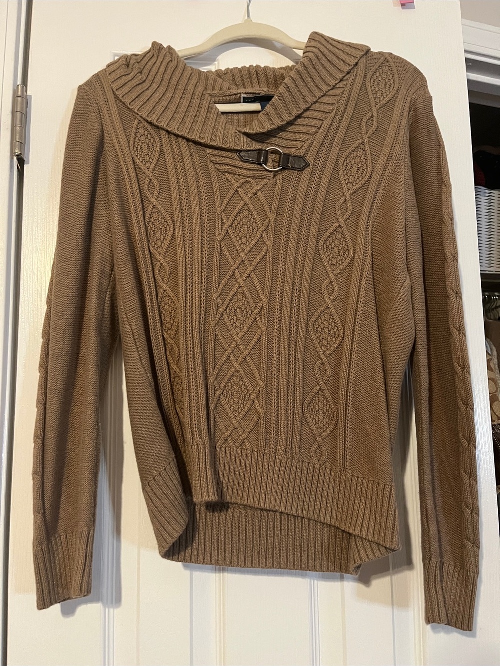 Karen Scott Cable-Knit Turtleneck Sweater in Brown with Buckle Detail